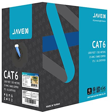 JAVEX 23AWG CAT6 UL in-Wall Rated [1000 Feet/305M] Solid Bare Copper 600MHz, PoE++ over 100W, ETL Listed, TAA Compliant, UTP Ethernet Bulk Cable, Blue