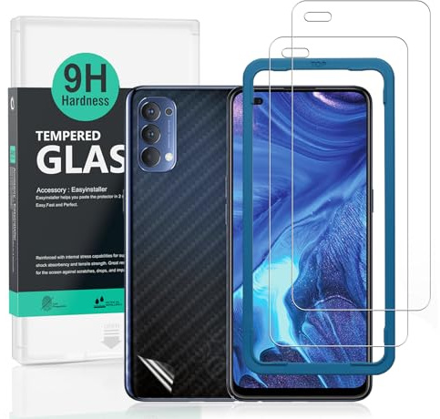 Ibywind Cristal Templado para Oppo Reno 4 5G [2 Piezas],con Atrás Pegatina Protectora Fibra de Carbono,Incluyendo Kit de instalación fácil