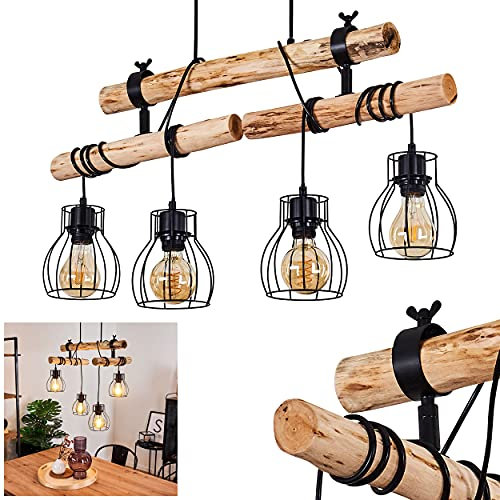 HOFSTEIN Hängeleuchte Gondo, Vintage Hängelampe aus Metall in schwarz und Holz, 4-flammig, 4 x E27, Höhe max. 158 cm (verstellbar), Leuchtenköpfe sind individuell einstellbar, mit Gitter-Schirmen
