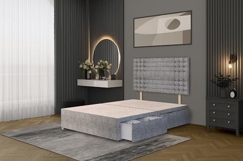 Bed Centre Tweed Grey Flexby Divan Bed Base with Headboard – 4 Under-Bed Storage Drawers | 5FT | Upholstered Headboard | Durable Base Frame | UK Made | Single to Super King Sizes