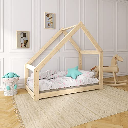Need Sleep Hausbett Kinder Kinderbett 70x140 Bodentief ohne Rausfallschutz mit Lattenrost Kleinkind Bodenbett Haus ab 2 Jahre Montessori Bett aus Holz Mädchen Junge Asymmetrisch
