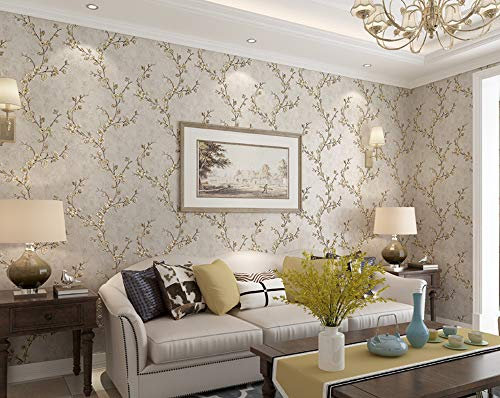 MEAIHOME Retro American Pastoral Style Flower Tree Non-Woven 3D Bedroom Living Room Home TV Background Non-Pasted Wallpaper Light Gray 1.73'W x 32.8'L