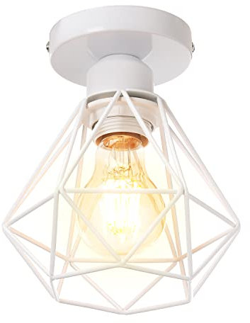 STOEX Plafonnier industrielle vintage design rétro cage en métal fer forge, Suspension luminaire E27 lampe de plafond diamant Ø16cm (Blanc)