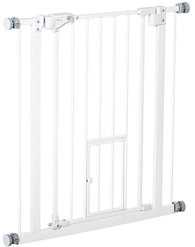 PawHut Barrera de Seguridad para Perros Barrera para Mascotas Extensible con Puerta Pequeño Cierre Automático y Sistema de Doble Bloqueo para Puerta Pasillo Escalera 74-80x76,2 cm Blanco