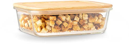 KHG Firschhaltedose Glas Holzdeckel Bambus, rechteckig 20x15x6,4 cm, Kapazität 1000 ml, auslaufsicher, luftdicht, spülmaschinengeeignet, mikrowellen- und backofengeeignet