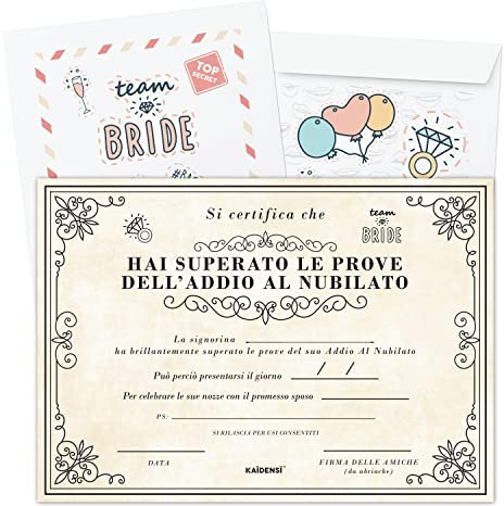 KAÏDENSÏ Gadget Addio al Nubilato - Pergamena Hai Superato le Prove - Team Bride Accessori - Certificato Regalo Divertente per Futura Sposa