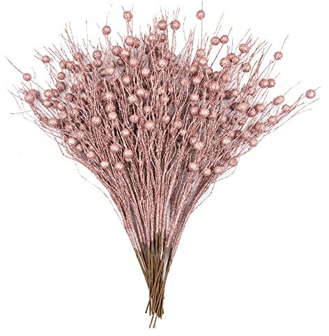 KI Store 20 Stück deko Zweig rosa Gold Weihnachten äste künstlicher weihnachtszweig 45cm mit Glitzer bastelzweige dekozweig Stem Mistelzweig für Weihnachts deko (20, rosa)
