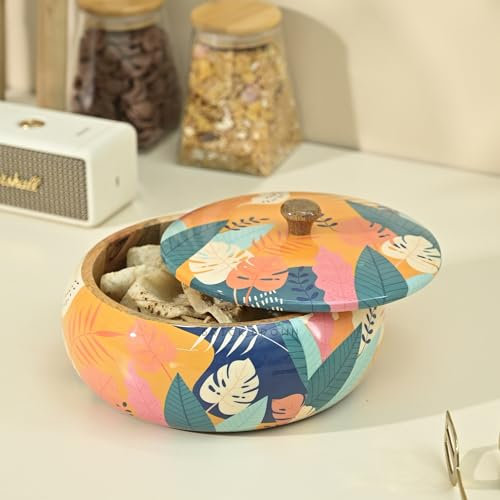Brick Brown Premium Handcrafted Solid Wood Tropical Casserole for Roti | Round Hot Pot, Roti Dabba with Lid | Casserole for Dininga and Kitchen (8.8x8.8x4.3, Orange)
