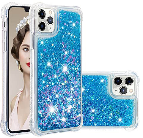 IMEIKONST Compatible with iPhone 11 Pro Max Glitter Case, Liquid Sparkle Quicksand Clear Transparent Sequin Slim Girls Soft TPU Bumper Silicone Shockproof Cover for iPhone 11 Pro Max. Love Blue YBW