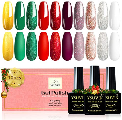 YSUVIN UV Nagellack Weihnachten, 10 Stück Gold Grünes Rotes Schneewittchen Gel Nagellack Set Soak-Off UV Gellack für Anfänger DIY Nail Art Maniküre Salon, 8ML