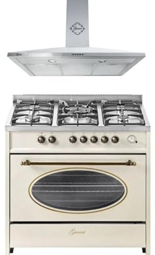 GURARI GCH E 914 Cr + GCH C 147 IS 9, fornello a induzione retrò 90 cm, Range Coocker 121 L, crema + cappa, scarico/ricircolo, cappa da parete 90 cm, capacità di aspirazione 1000 m3/h, acciaio inox