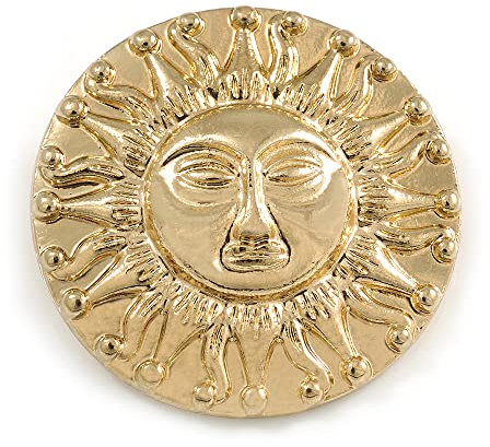 Broche dorée polie motif soleil – 35 mm de diamètre, taille unique, Métal