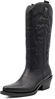 QUEEN HELENA Camperos Stivali Texani con Tacco Western Stivaletti a Punta Cowboy Donna X28-110 (Nero, Numeric_37)