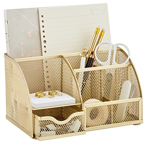 Annova Mesh Desk Organizer Office mit 7 Fächern + Schublade/Schreibtischordnung Candy/Stifthalter/Multifunktions-Organizer (Gold)