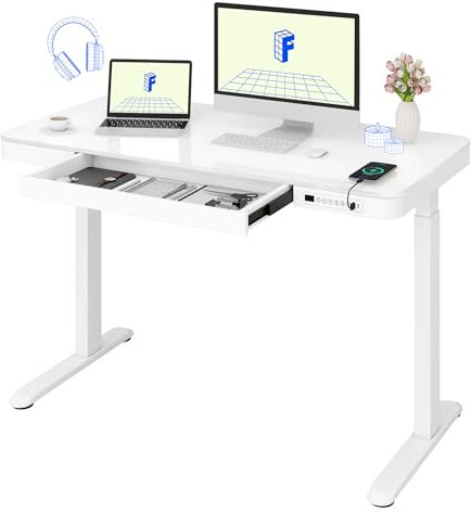 FLEXISPOT Comhar GLASS Desktop Electric Standing Desk, Home Office Height Adjustable Sit-Stand Desk with Drawer & Fast USB Chargers 120 * 60cm, White