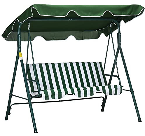 Outsunny Dondolo da Giardino 3 Posti con Tettuccio Parasole Regolabile, Dondolo da Esterno con Seduta Traspirante in Texteline e Metallo, Portata Fino a 240 kg, 172x110x153 cm, Bianco e Verde