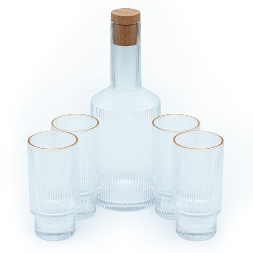 Intirilife Glaskaraffen Set - Karaffe Mit Korken und 4 Gläsern Mit Goldenem Rand - 1.7 Liter Füllmenge - Gläser 260 ml - Kristall Krug für Wasser, Eistee, Wein, Saft