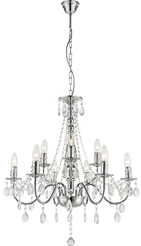 Pendelleuchte Kronleuchter Lüster Lampe Wohnzimmerleuchte, 9 flammig, Metall Chrom Klassisch, 9x E14 Fassungen, DxH 63x153 cm