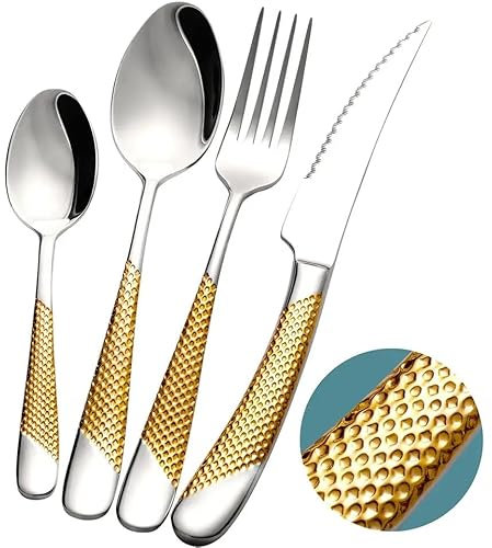 Exeton Luxury Signature 16 PCS Cutlery Set, for 4 Persons, Stainless Steel, Silver, Gold, 2-in-1 Steak Knives, Dishwasher Safe (Signature - Gold/Silver, 16)