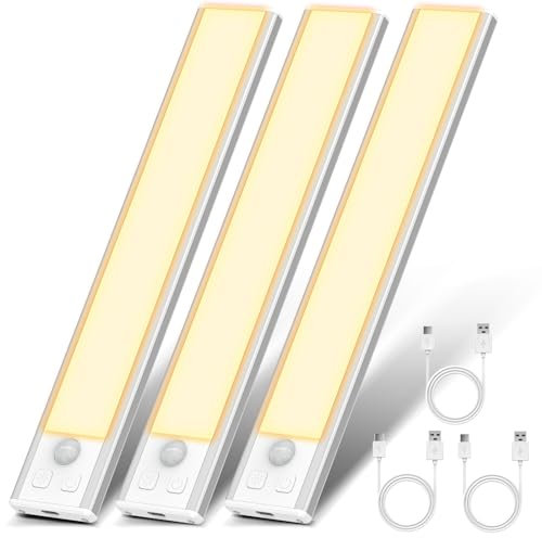 OUILA Luz de Armario con Sensor Movimiento 3000K Recargable Luz Nocturna,20.5CM Regulable Lampara LED Adhesiva para Gabinete, Pasillo, Escalera, Sótano, Cocina, Garaje-3 Packs