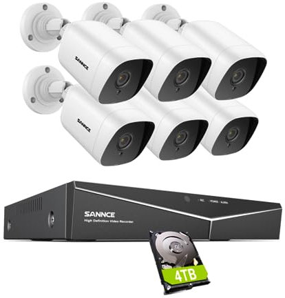 SANNCE CCTV-Kamerasystem 1080P Digitaler Videorekorder 5 in 1 DVR kompatibel mit analogen IP-Kameras TVI AHD CVBS 6 Sicherheitskamera IP66 für den Außenbereich Festplatte 4TB