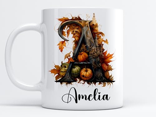 EKAM Personalised Spooky Pumpkin Mug Stylish Initial with Name, Special Customised Gift for Halloween for Mom, Dad, Kids, Friends or Girls, 11oz Ceramic Coffee/Tea Cup