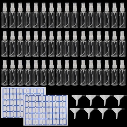 MOUYAT 40 PCS 100ml Clear Spray Bottles, Plastic Fine Mist Spray Bottles with Funnels And Labels, Plastic Refillable Spray Travel Bottle for Essential Oils, Perfumes, Floral Waters