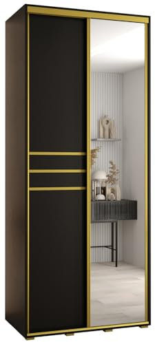 MEBLE KRYSPOL Davos 11 120 Schrank mit Zwei Schiebetüren für Schlafzimmer - Moderner Schrank mit Spiegel, Kleiderstange und Regalen - 235,2x120x60 cm - Schwarz Schwarz Gold