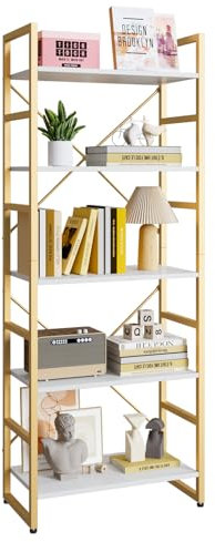 TREETALK 5 Tier Bookshelf, Standing Bookcase with 2 X-shape Frame,Adjustable Leg pads, Industrial Storage Rack for Office, Living Room (Gold)