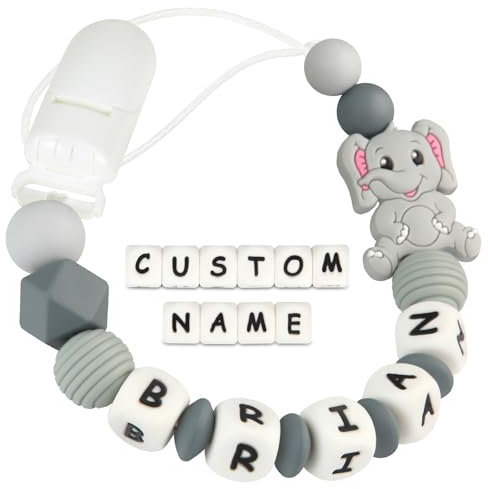 Kowlone Attache Sucette Nom Personnalisé Prenom Silicones Éléphant Attache Tétine en Clips Chaîne pour Bébé Filles Garçons(Gris)