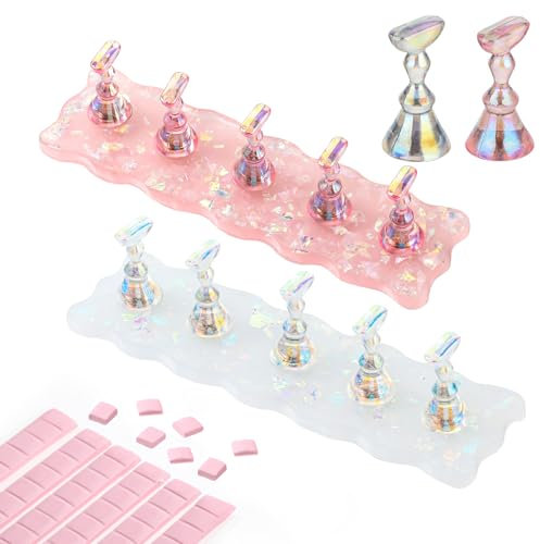 Prasacco 2 Sets Nail Stand for Painting Nails, Acrylic Nail Holder for Press on Nails Display with 96 pcs Reusable Adhesive Putty Magnetic Fake Nail Holder for Painting for Home DIY Salon(White+Pink)