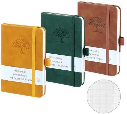 HOMEMARS Notizbuch A6, 3 Stück Notizbücher Set, Notizblock, Braun, Gelb, Grün, 192 Seiten, kariert, Notizheft, Notizblock a6, Journal, Reisetagebuch, Notizbuch Leder, Prägebaum Design
