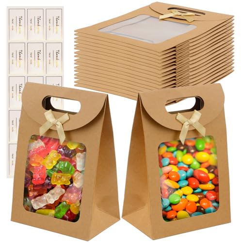 DesertBoy 12 Pcs Bolsa de Regalo con Ventana Bolsas de Regalo con Asas Bolsas Embalaje Papel Kraft Bolsa de Regalo con Asa Marrón Bolsa de Papel Kraft con Pegatinas para Envasado de Dulces(14*20*7 cm)