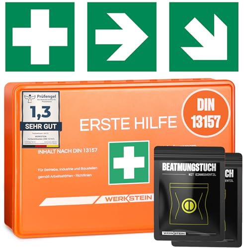 WERKSTEIN® Erste Hilfe Verbandskasten inkl. 2x Beatmungstuch & Wandhalterung [DIN 13157:2021] - Erste Hilfe Kasten für Betriebe, Zuhause & Einrichtungen - Erste Hilfe Koffer - First Aid Box