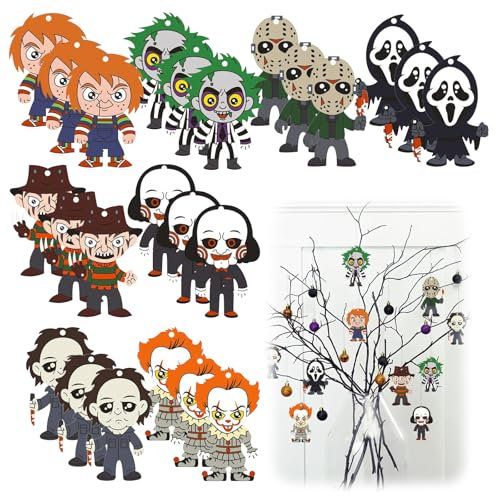 Halloween albero profumato auto divertente – 24 pezzi decorazioni personalizzate in legno, film horror, personaggi dei cartoni animati per interni/decorazione da tavolo (8 design), specchio