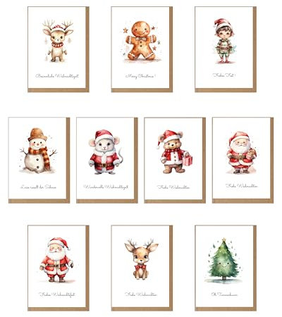 DwieDeko Karten Set für Kinder zu Geburtstag oder Weihnachten inkl. Umschläge – Glückwunschkarten Kindermotive Tiere - Karten Junge und Mädchen – Happy Birthday Postkarten (Weihnachten)