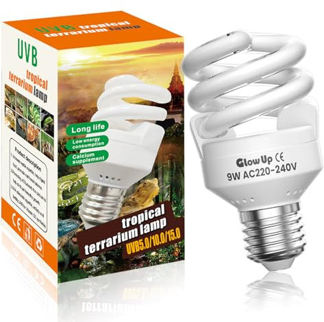 GlowUp UVB Lampe 5.0 9W E27 AC 220-240V Terrarium Lampe mit UVA und 360 Grad Strahlungswinkel für Reptilien, Aquarium, Glasbehälter, Schildkröte, Eidechse (1Pcs)