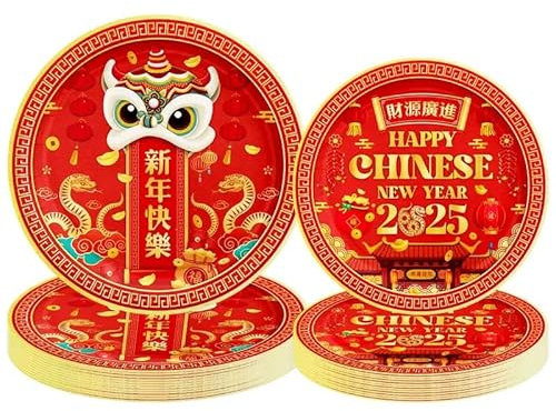 Bdecoll Lot de 96 assiettes en papier rouge pour fête du Nouvel An chinois 2025 - Assiettes en carton - Vaisselle pour la maison, le dîner, la cuisine, les décorations