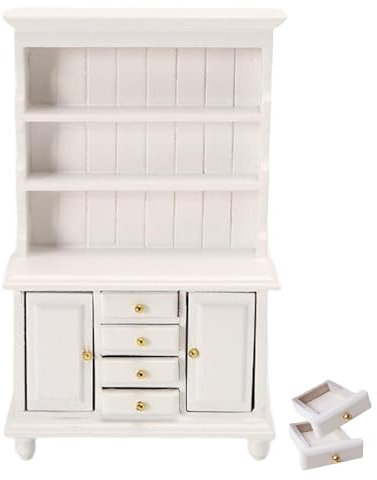 Miniatur Puppenhaus Zubehör, 3 Schicht Weiß Holz Bücherregal Schrank mit 4 Schubladen, 1:12 Mini Möbel, Miniatur Küchenschrank Buffetschrank, Weihnachten Bücherregal Spielzeug Dekoration