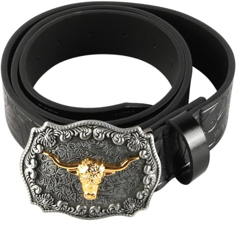 Tiardey Western-Cowboy-Gürtel, Retro-Gürtel für Herren, antiker silberner Stierkopf-Gürtel, Gürtel mit Persönlichkeitsdruck (47,3 Zoll lang)