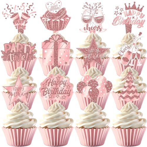 48 PCS Pink Rose Gold Cupcake Toppers – Perfect for Rose Gold Party Decorations, Birthday Themes, and Elegant Celebrations