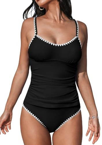 CUPSHE Conjunto de tankini para mujer, traje de baño de dos piezas, cuello redondo, tiro medio, tirantes ajustables, costuras de concha, Negro -, M