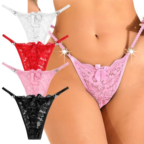 Telooco Lace G-String Thongs for Women Adjustable Sexy Low Waist Thongs Breathable T-back Panties, 4Pack