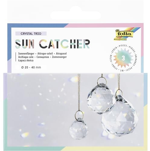 folia 23849 - Sun Catcher CRYSTAL TRIO, 3 Sonnenfänger aus Glas inkl. 16 m Metallic Garn in Gold, Ø 2, 3 und 4 cm Kristalle zum Aufhängen