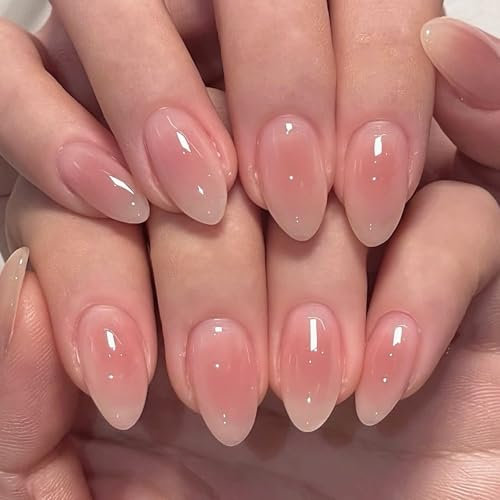 24Pcs Blush Press on Nails Almond Shaped, Nude Pink French False Nails Short, Ombre Acrylic Manicure Kit with Glue Stickers, Reusable Glossy Natural Gel Full Cover Stick on Nails for Women Girls