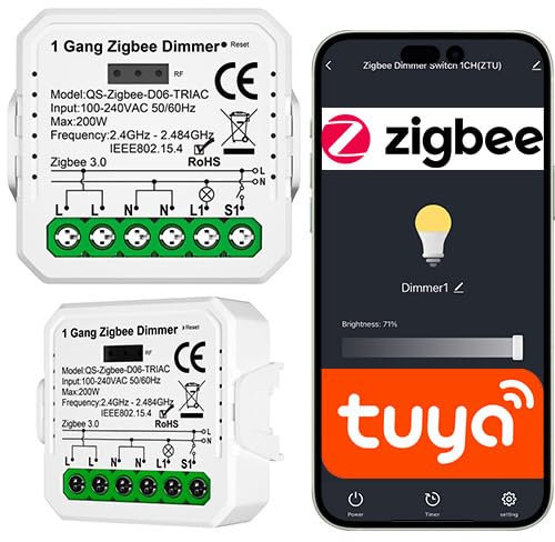 Sone Smart One Zigbee Dimmer 200W Unterputz 39x39x18mm | Tuya/Smart Life App | Kompatibel mit Alexa | Monostabil-Schalter | LED/Halogen | RF Fernbedienung | Zigbee Gateway erforderlich