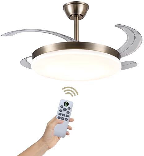 Ventilador de Techo Luz LED 72W Retráctil y Silencioso - Lámpara Ventilador Aspas Plegables con 3 Tonos de Luz (3000-4000-6000K) - 6 Velocidades, Memoria, Modo Verano Invierno, Ø92 cm