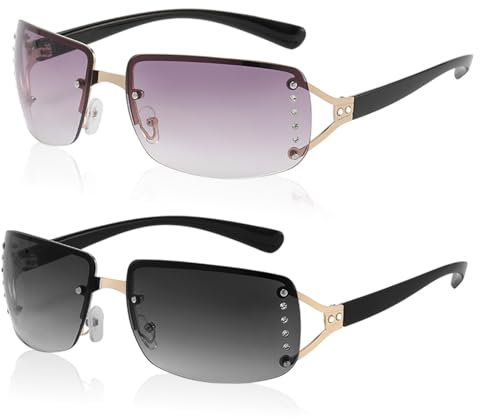 SAIIURV 2 Paar Sonnenbrille Damen, Erwachsene Retro Sonnenbrille Randlose Brille Vintage Damenbrille Damen Polarisiert Groß Frauen Sonnenbrillen UV400 Schutzbrille Quadrat Brille (Schwarz + Lila)