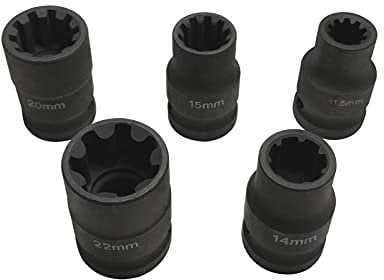 5-Piece Brake Caliper Socket Set for VW Porsche, 7pt & 10pt Brake Pad Screw Replacement Tools, 1/2in Drive, Steel Construction, Black Finish