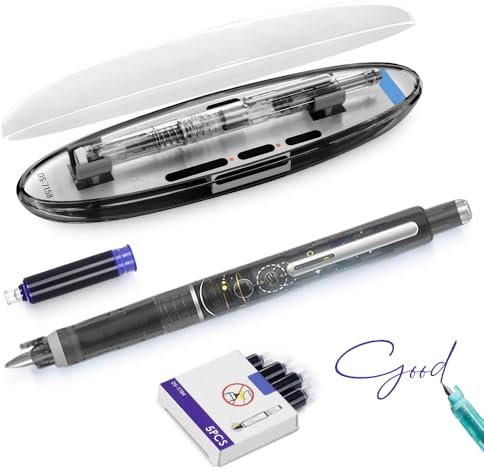 Fountain Pen Retractable, 2025 Neu Einziehbarer Füllfederhalter 0.38mm Blue&Black Ink Transparent Barrel, Füllfederhalter Einziehbar Retractable Fountain Pen mit 5 Ink Cartridges (Schwarz, Blau)